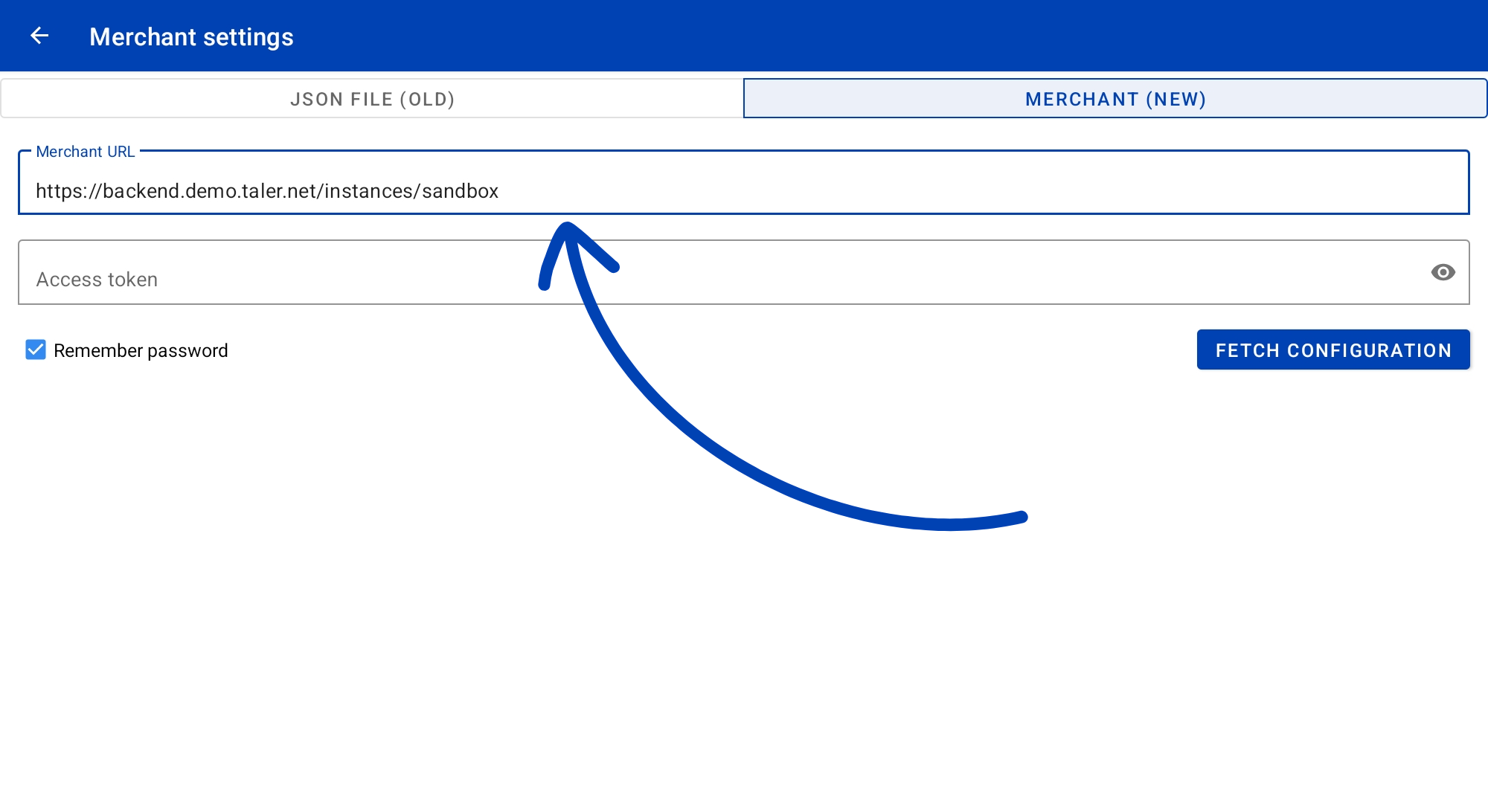 Primeiro ecrã de configuração do Taler PoS